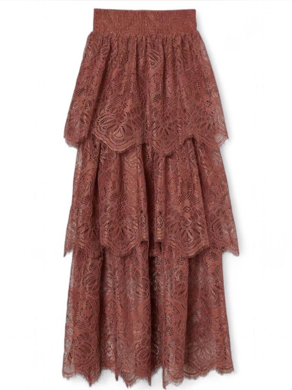 H&M Metallic Tiered Lace Maxi Skirt in Burnt Sienna NWOT